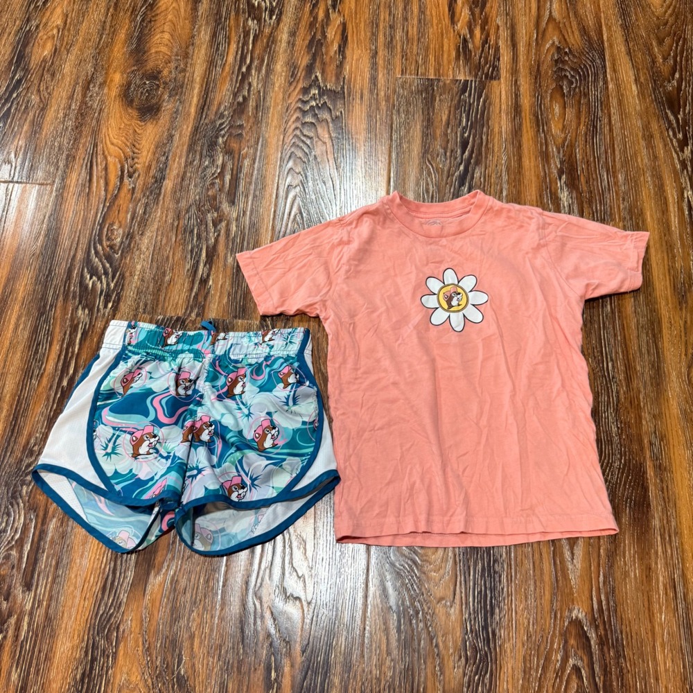 Buc-ees Kids Peach Graphic Tee Tropical Shorts Set Youth S/M Texas Mascot Girls